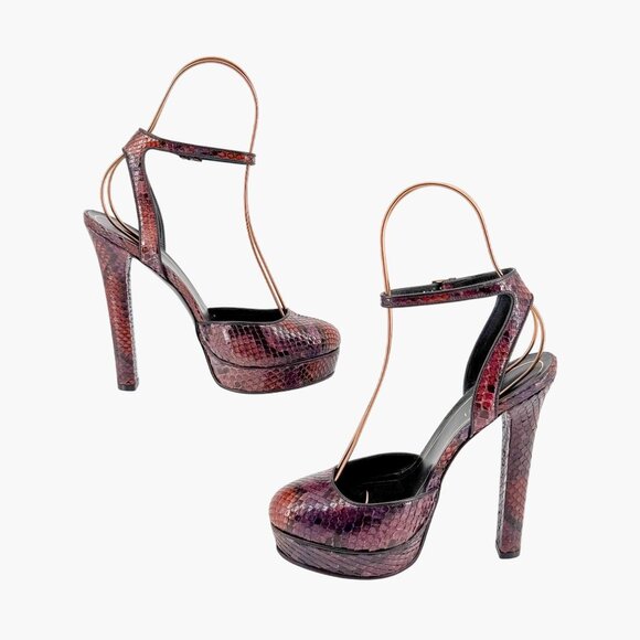 Gucci Huston Platform Pump Size 37 US 7 Red Burgundy Python Snake Mary Jane Heel - Picture 9 of 12